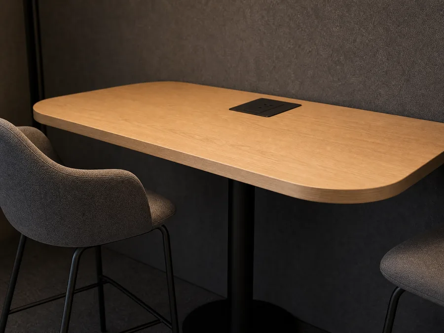 Lucia M geniş oval masa yüzeyi, entegre güç noktası ve ergonomik sandalye detayı